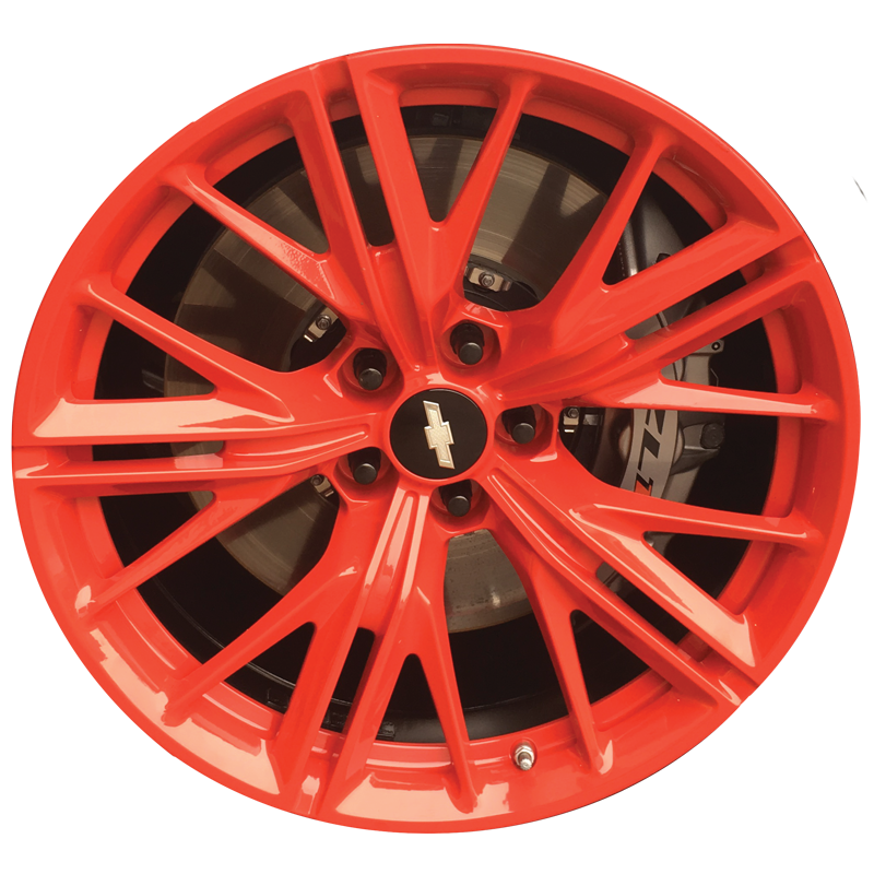 Fire red powder coating example on Chevrolet wheel